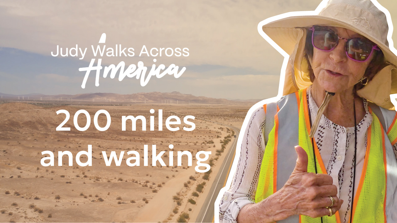 A group photo of Judy and her supporters at the start of her walk across America.
